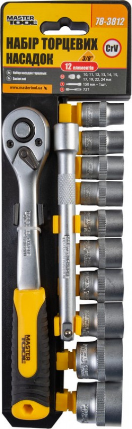 Набір насадок торцевих MASTERTOOL CrV 3/8" 10-24 мм подовжувач 150 мм тріскачка 72Т 12 шт 78-3812-78-3812