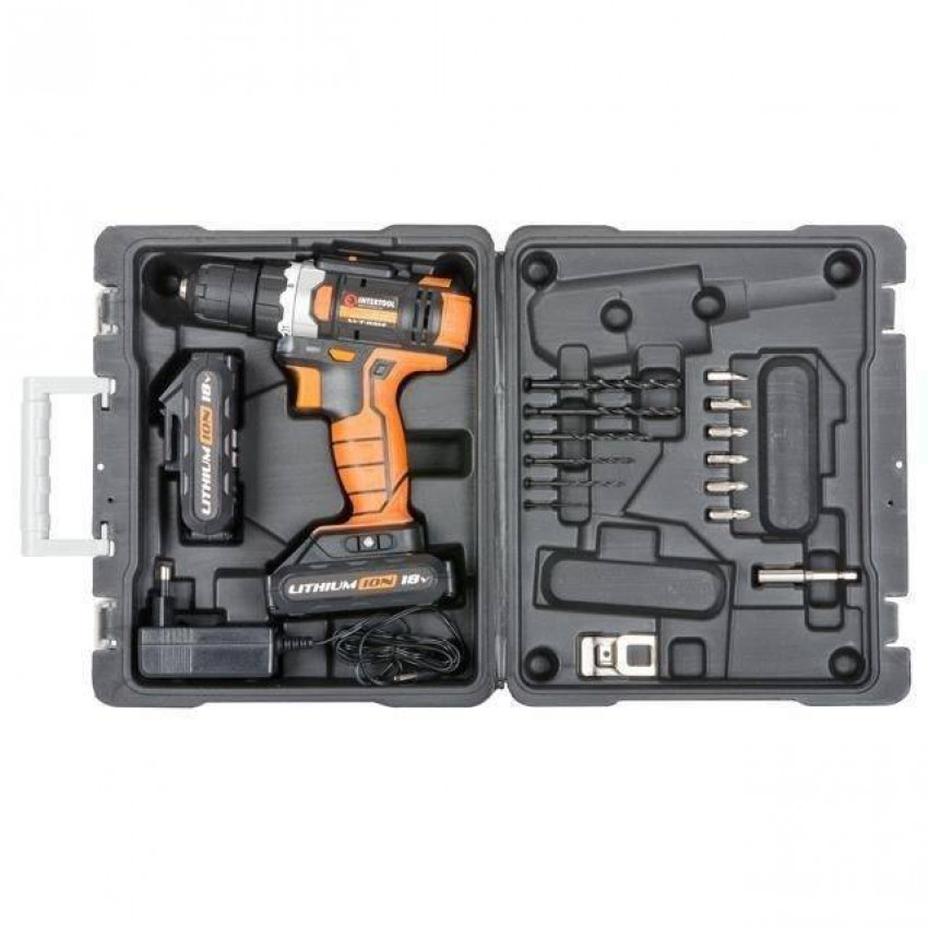 Дриль-шурупокрут акумуляторний Li-Ion 18 В, 25 Nm, 0-400/0-1500 об/хв, 2x2.0 Аг INTERTOOL WT-0314-WT-0314