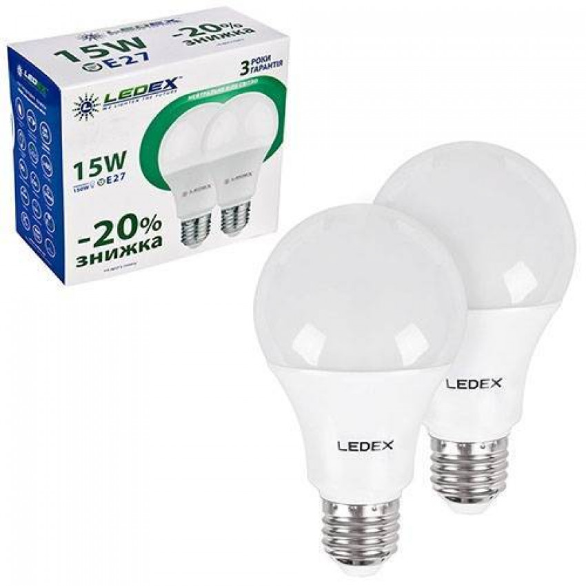 Світлодіодна лампа LEDEX E27, 2х15W, 1350lm, 4000К, 270º, чіп: Epistar (Тайвань)-100226