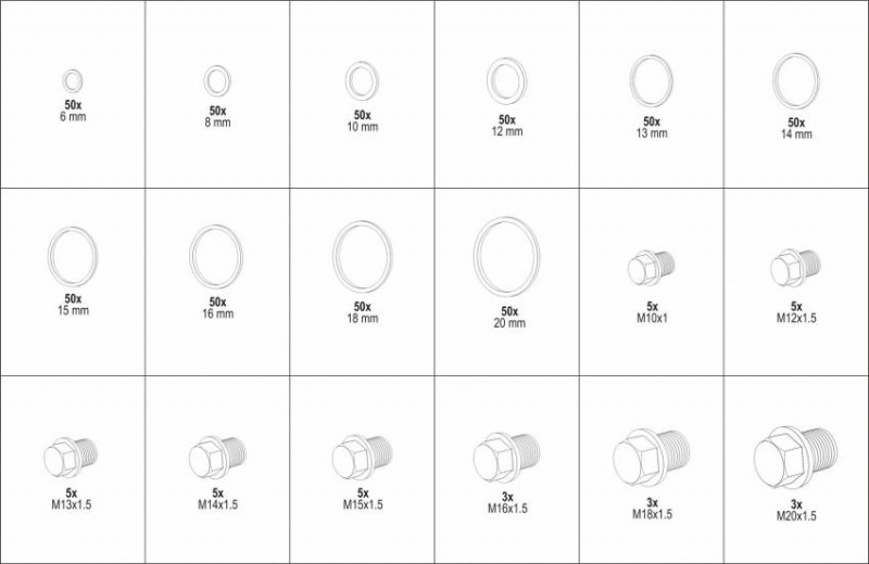 Шайби Ø6-20 мм та заглушки М10-М20, алюмінієві YATO у пластиковій коробці, набір, 534 шт.-YT-06862