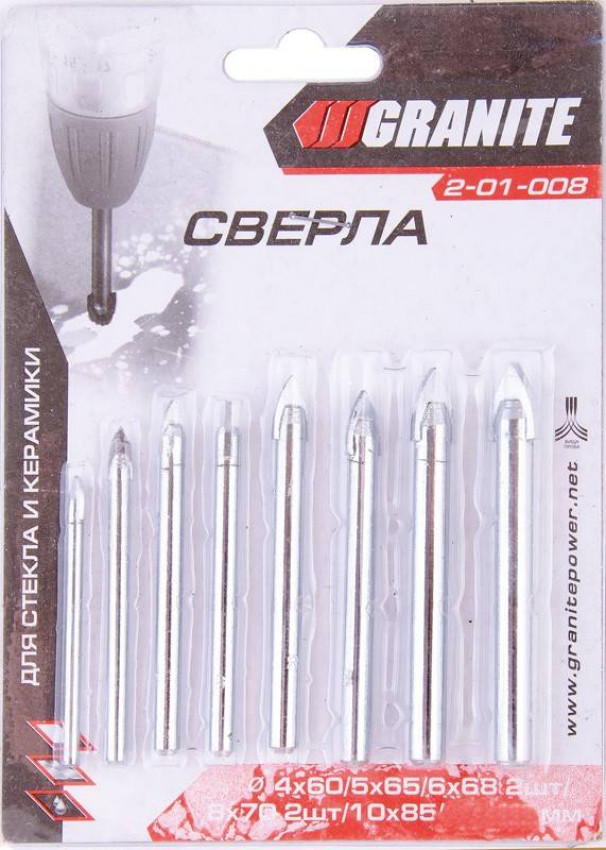 Набір свердел "піка" для скла і плитки GRANITE 8 шт (4х60/5х65/2 шт 6х68/2 шт 8х70/10х85/12х90 мм) 2-01-008-2-01-008