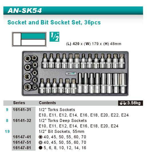 Набір головок зі вставкою Torx, Spline 1/2" 36од ложемент-AN-SK54