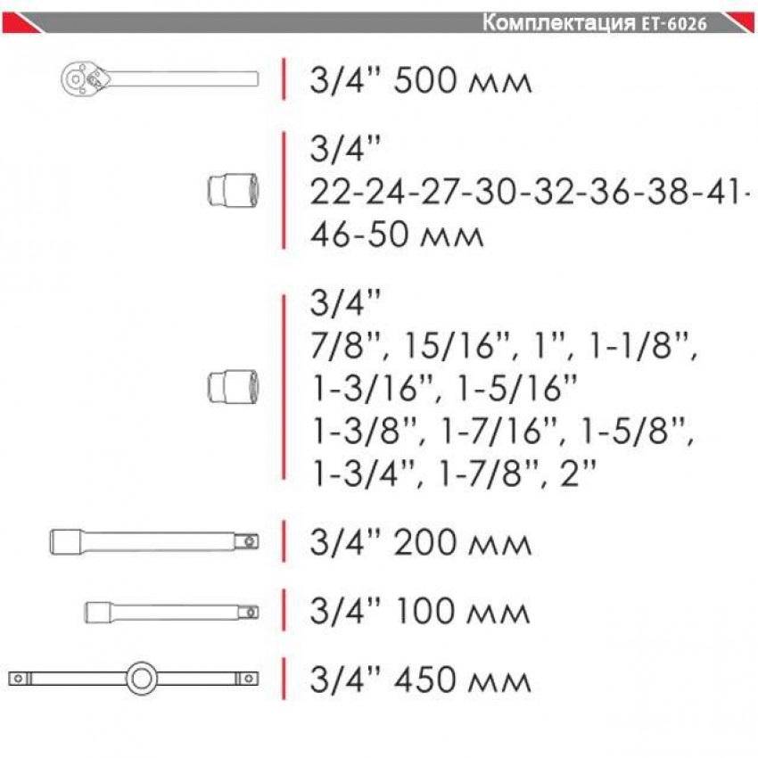 Професійний набір інструментів 3/4", 26 од., Cr-V INTERTOOL ET-6026-ET-6026