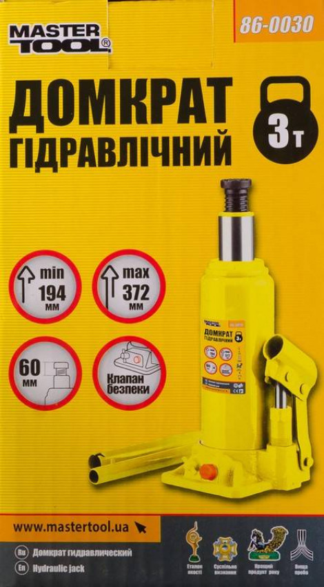 Домкрат гідравлічний пляшковий MASTERTOOL 3 т 194-372 мм 86-0030-86-0030