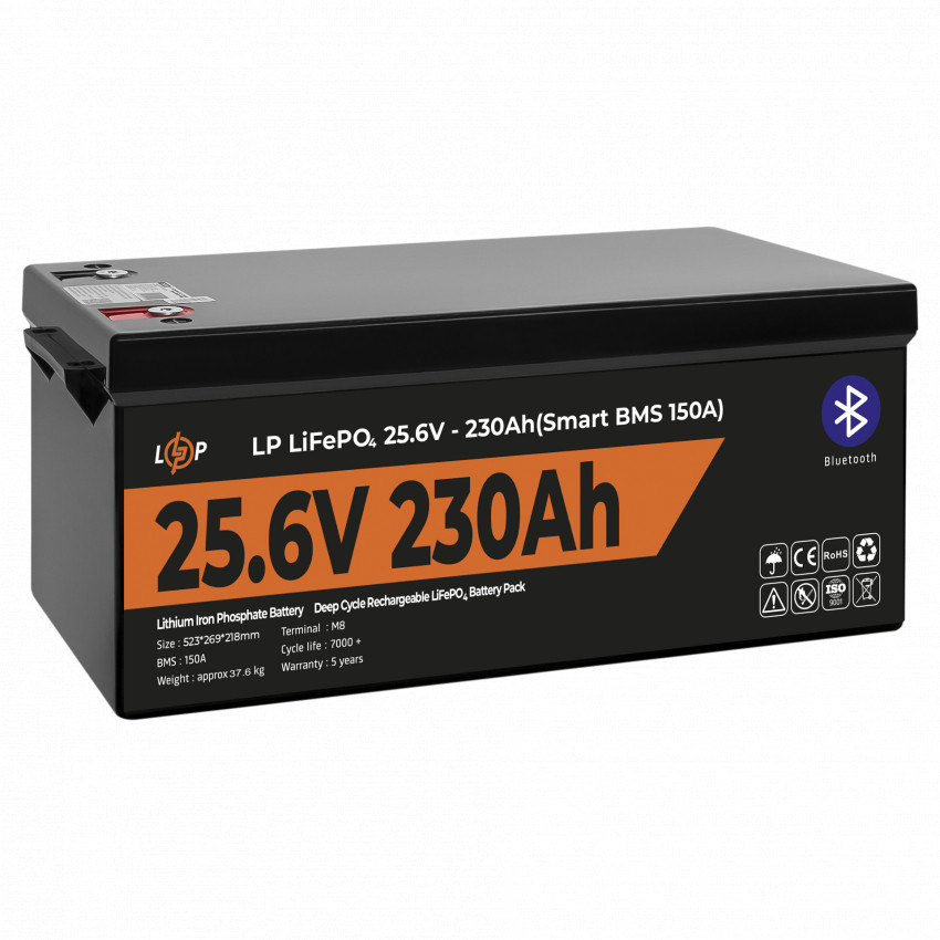 Акумулятор LP LiFePO4 25,6V - 230 Ah (5888Wh) (Smart BMS 150А) з BT пластик-