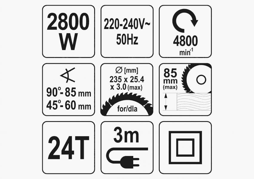 Пила дискова мережева YATO 2800 Вт диск 235 x 25.4 x 3 мм 0-45° 85 мм-YT-82154