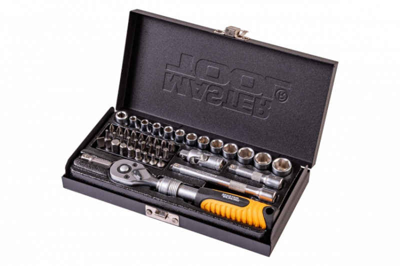 Набір насадок торцевих MASTERTOOL PROFI CrV 1/4" 4-13 мм тріскачка що подовжується 72Т 45 шт металевий кейс 78-2045-78-2045