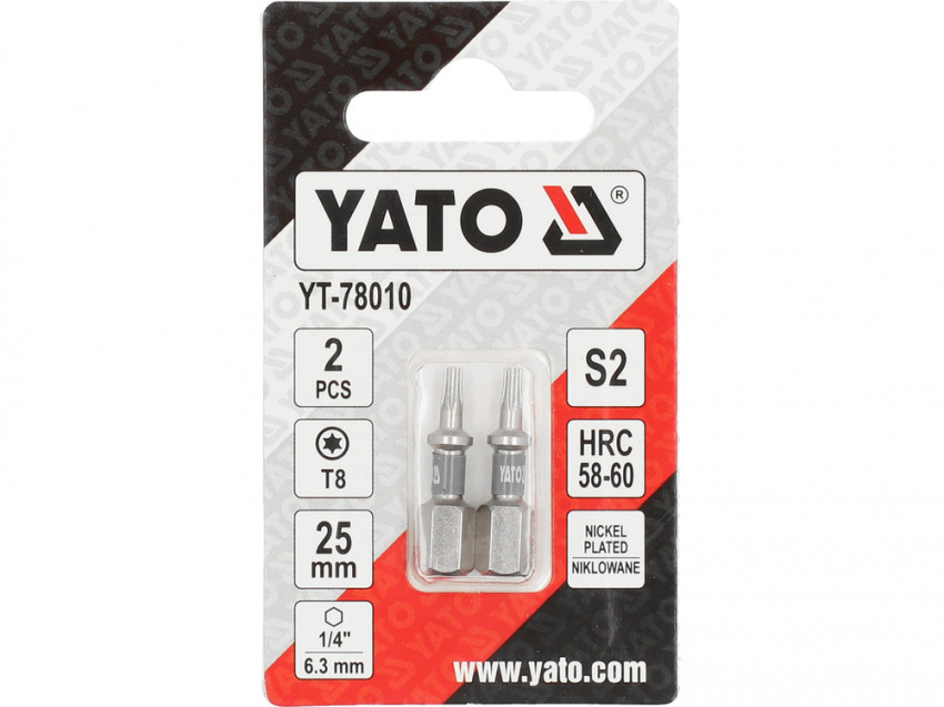 Насадка викруткова YATO; "TORX" T8 х 25мм. шпиндель 6-гран- 1/4", покрита нікелем, 2шт.[10]-YT-78010