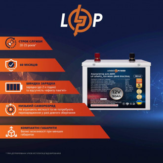 Акумулятор LP LiFePO4 для ДБЖ 12V - 90 Ah (BMS 50A/25A) металл