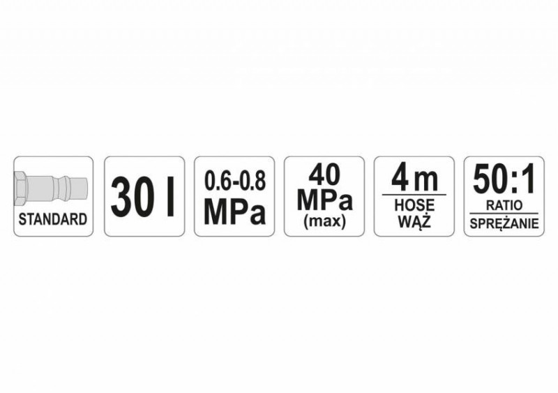Мастильний пневматичний апарат YATO: бак-30 л, тиск-0.8 MPa, вихід. тиск-300-400 Bar, шланг-4 м-YT-07068