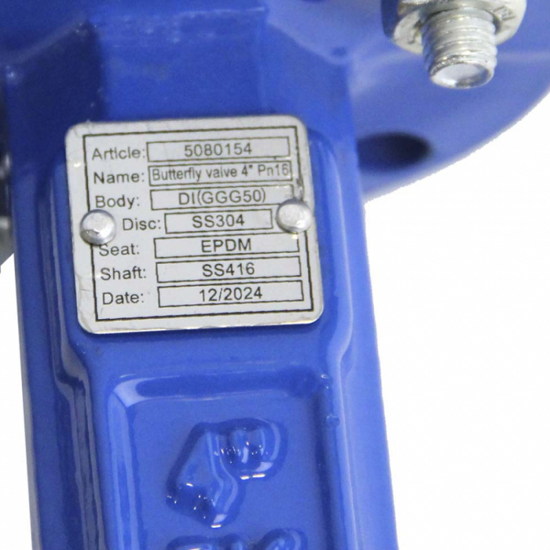 Затвор міжфланцевий «батерфляй» 4'' корпус чавун (GGG50) диск нерж (SS304) EPDM PN16 FLORA (5080154)-5080154