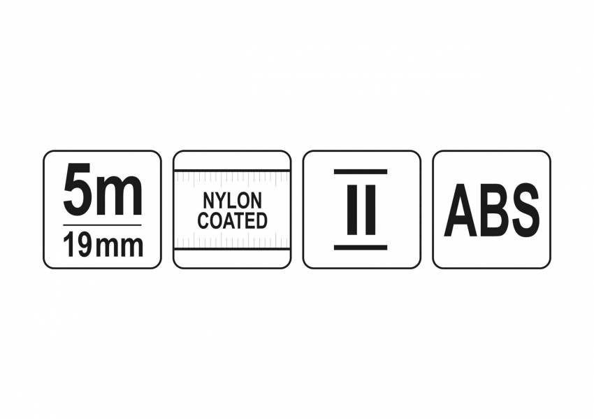 Рулетка YATO : L= 5 м x 19 мм, з сталевою стрічкою, нейлоновим покриттям-YT-71071