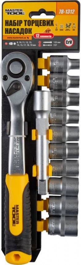 Набір насадок торцевих MASTERTOOL CRV 1/2" 8-19 мм подовжувач 125 мм тріскачка 72Т 12 шт 78-1312-78-1312