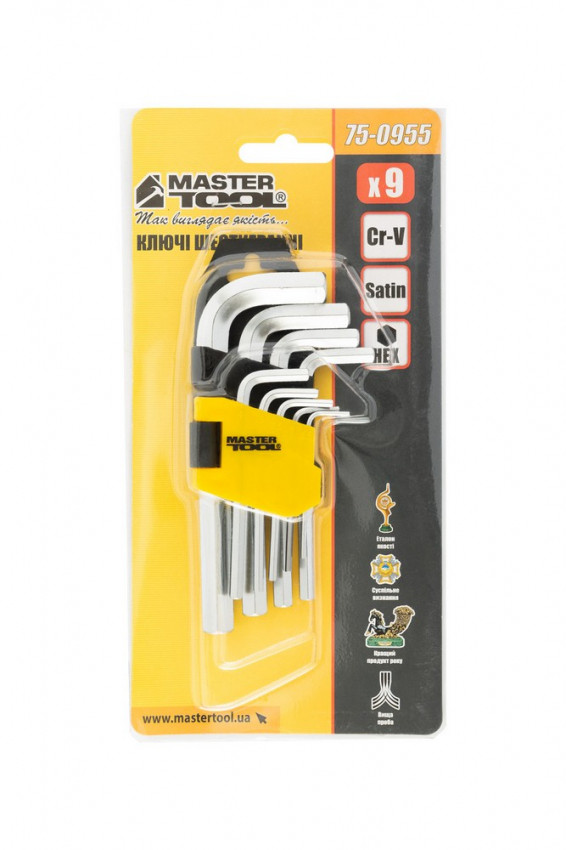 Ключі шестигранні MASTERTOOL набір 9 шт CrV короткі (1.5-10 мм 45-112 мм) 75-0955-75-0955