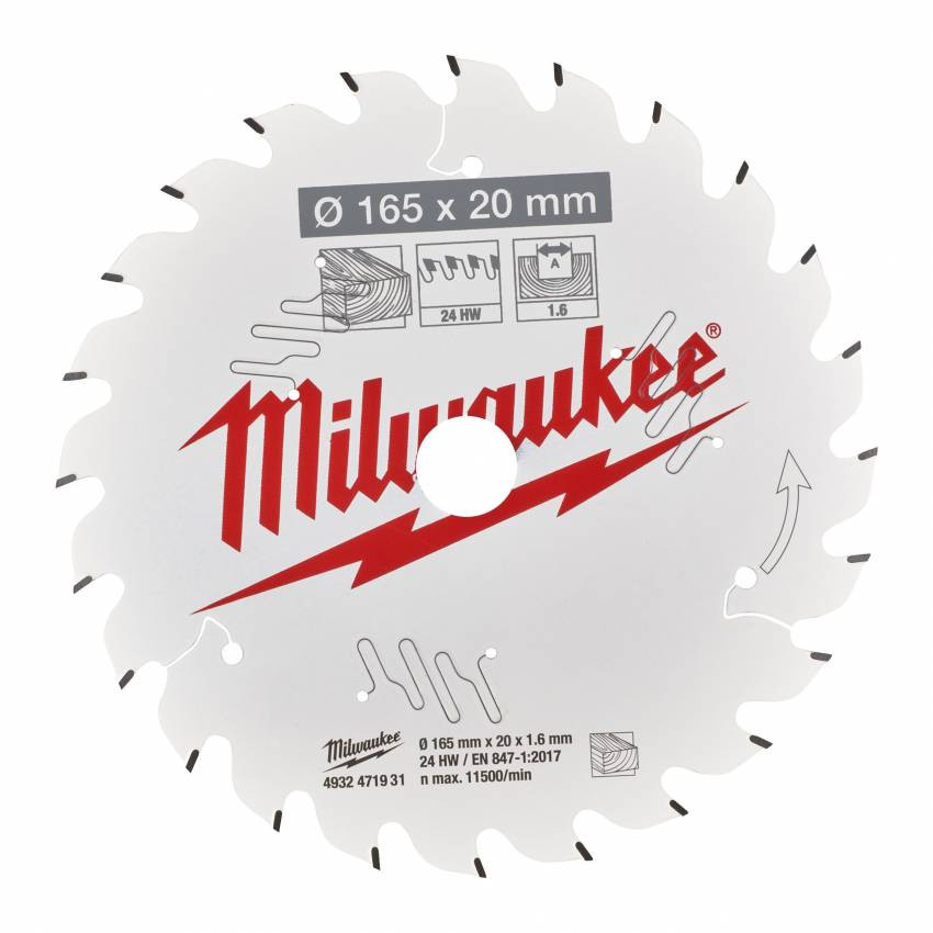 Диск пиляльний MILWAUKEE, Ø165х20х1,8мм, 24 зуб. 1-4932399909
