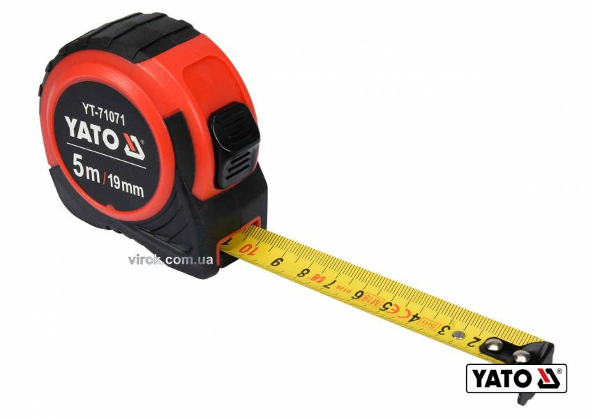 Рулетка YATO : L= 5 м x 19 мм, з сталевою стрічкою, нейлоновим покриттям-YT-71071