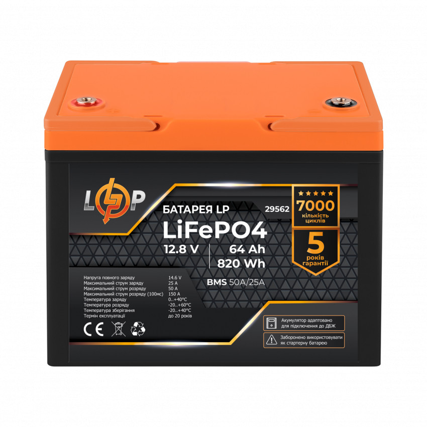 Акумулятор LP LiFePO4 12,8V - 64 Ah (820Wh) (BMS 50A/25А) пластик для ДБЖ-