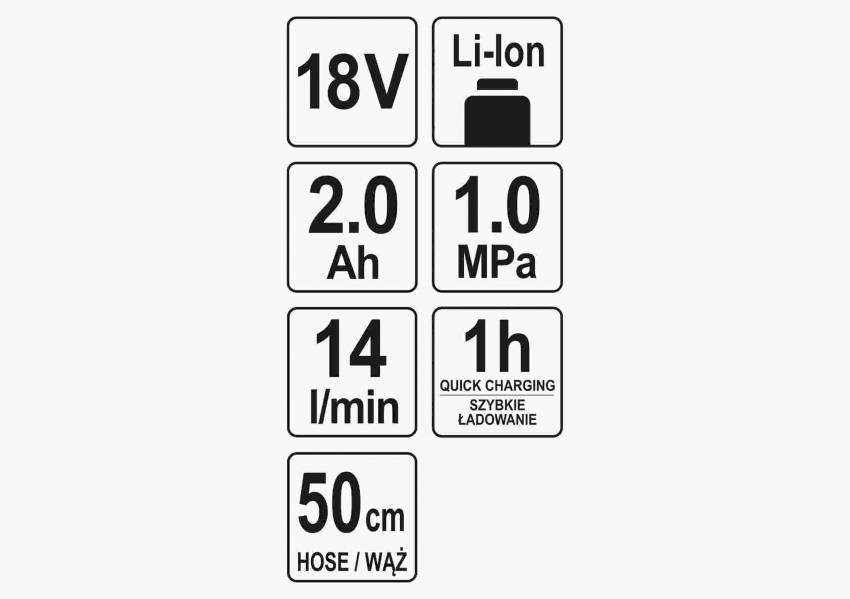 Компресор акумуляторний YATO : Li-Ion 18 В, 2 Агод, 1 MPa, 14 л/хв, кабель- 50 см, зарядн. пристрій-YT-82894