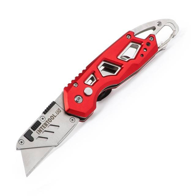 Ніж трапецеподібний 60*19мм складаний, SK5, алюмінієва рукоятка, карабін INTERTOOL HT-0531-HT-0531