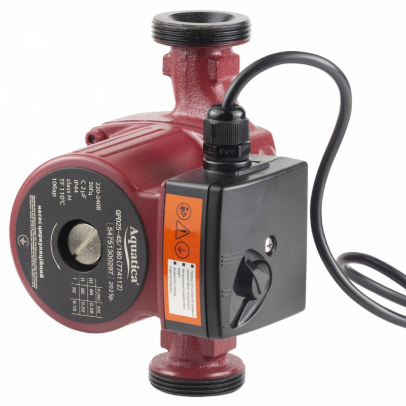 Насос циркуляційний 65Вт Hmax 4м Qmax 63л/хв Ø1½" 180мм гайки Ø1" AQUATICA (774112)-774112