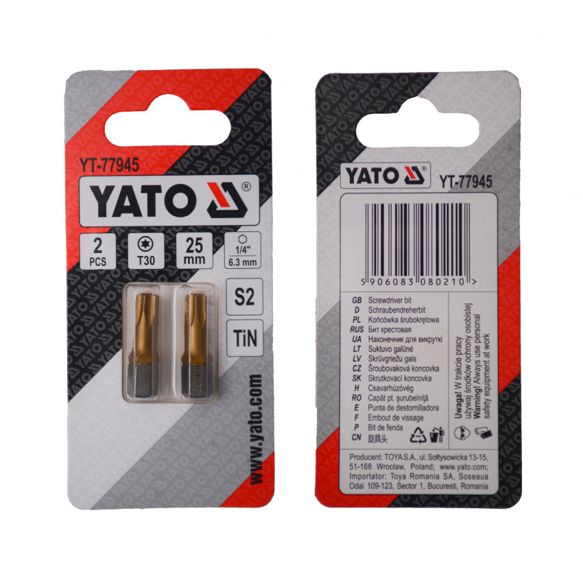 Насадка викруткова YATO TORX T30 х 25 мм. HEX 1/4", покрита титаном, 2 шт.-YT-77945