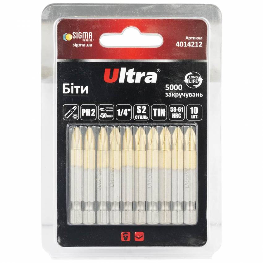 Біти PH2×50мм ¼" 10шт S2 TIN (блістер) ULTRA (4014212)-4014212