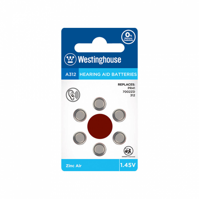Повітряно-цинкова батарейка Westinghouse для слухових апаратів A312/PR41 1.45V 6шт/уп blister-A312-BP6
