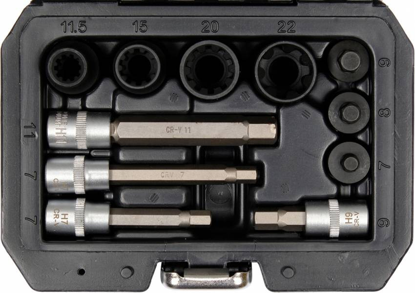 Насадки 6-гранні для гальмівних супортів авто YATO: квадр- 3/8", 1/2", 7- 22 мм, 11 шт-YT-06808