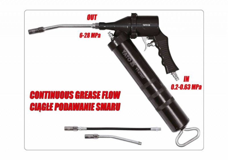 Шприц мастильний пневматичний, з жорстким та гнучким аплікаторами YATO: 400 см³, 220 л/хв, 0.63 MPa-YT-07057
