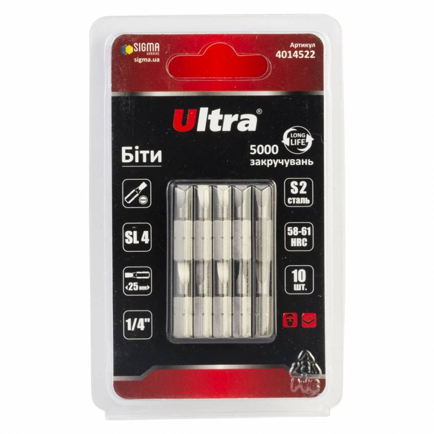 Біти SL4×25мм ¼" 10шт S2 (блістер) ULTRA (4014522)-4014522