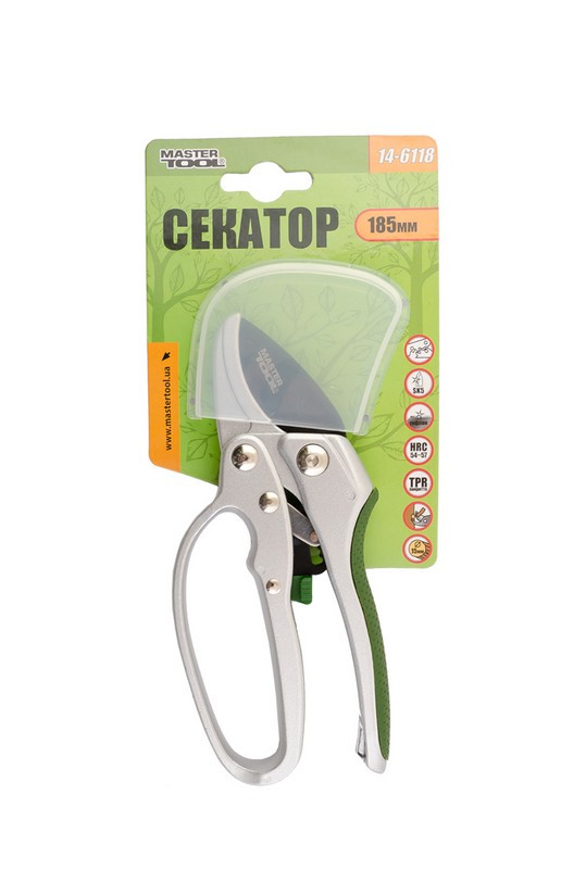 Секатор садовий MASTERTOOL з храповим механізмом 185 мм ручки AL+TPR лезо SK5+тефлон ковадло 14-6118-14-6118