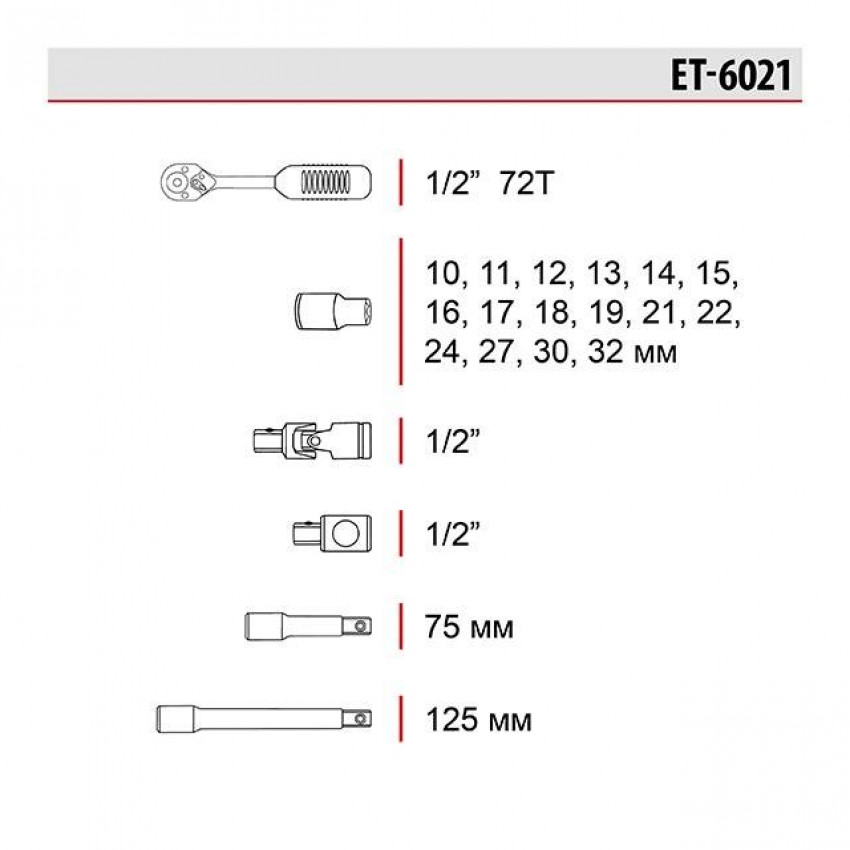 Набір інструментів професійний, 1/2", 21 од. CrV INTERTOOL ET-6021-ET-6021