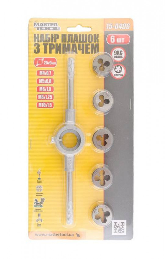 Набір плашок MASTERTOOL з тримачем 6 ел. (M4/M5/M6/M8/M10) 15-0406-15-0406
