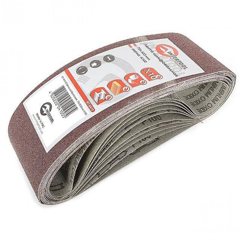 Стрічка шліфувальна, 75×533 мм, зерно K100, 10 шт. INTERTOOL BT-0410-BT-0410