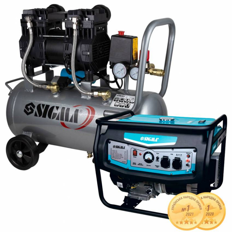 Набір генератор 3.5/4.0кВт 4-х тактний ручний запуск + компресор двоциліндровий безмасляний 1.5кВт SIGMA (57104312)-57104312