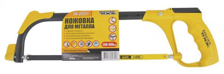 Ножівка по металу MASTERTOOL 250-300 мм металева рукоять контейнер для зберігання полотна 3 flex полотна 14-2227-14-2227