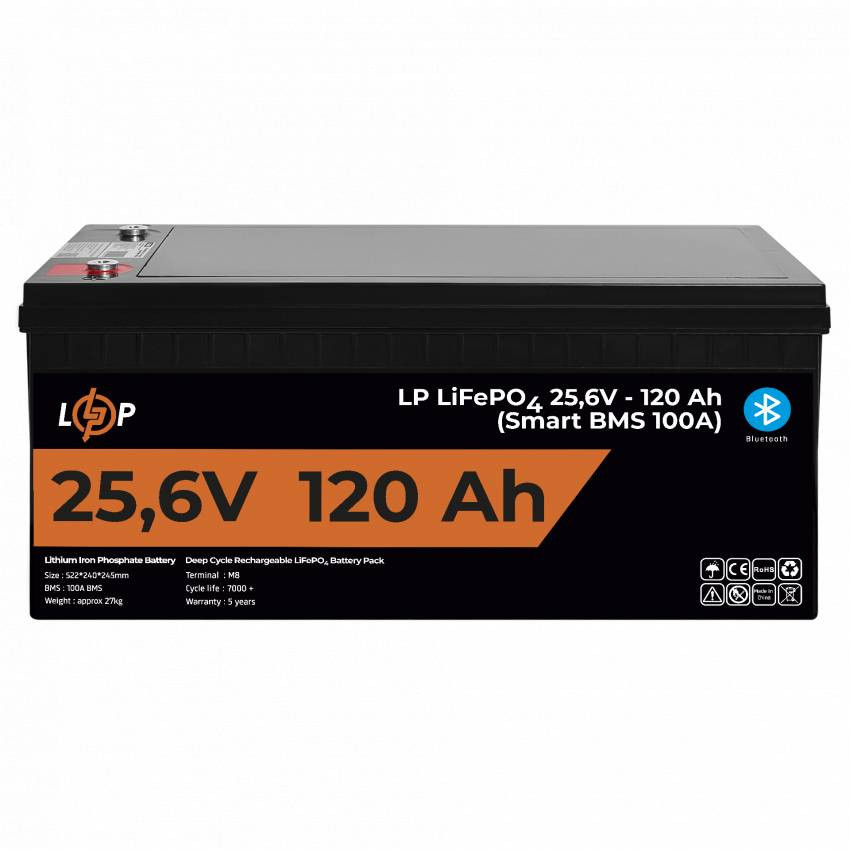 Акумулятор LP LiFePO4 25,6V - 120 Ah (3072Wh) (Smart BMS 100А) з BT пластик для ДБЖ-