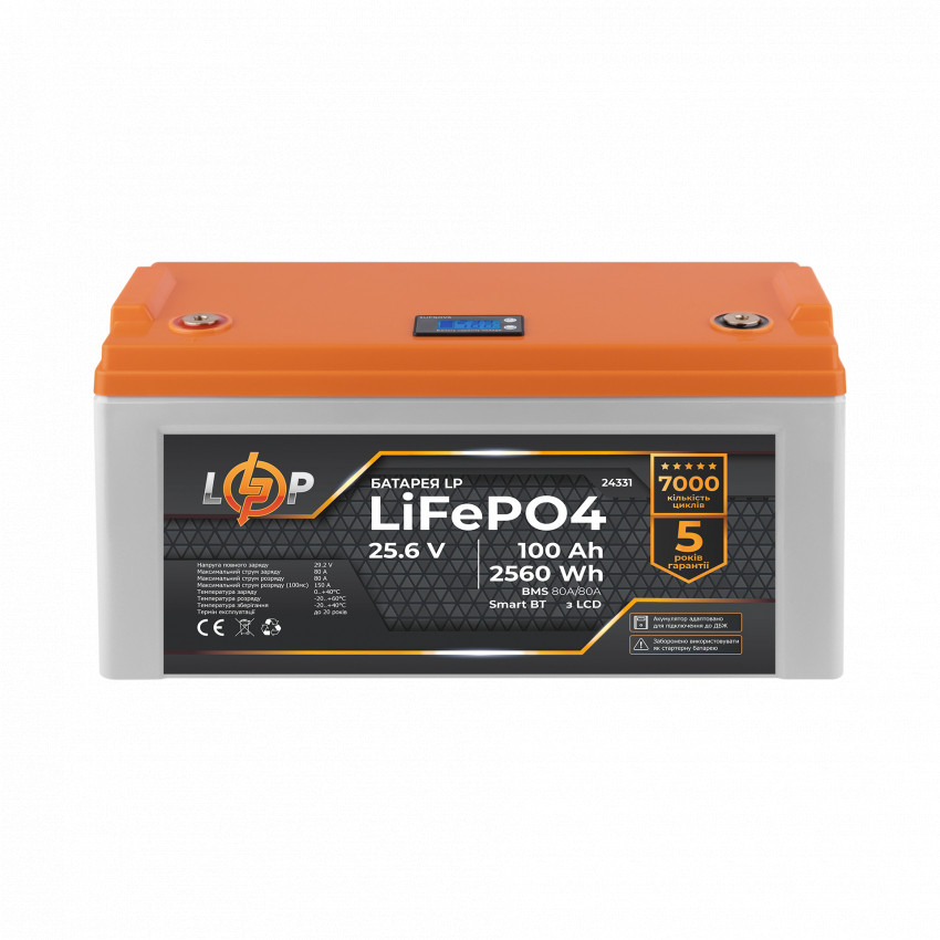 Акумулятор LP LiFePO4 25,6V - 100 Ah (2560Wh) (BMS 80A/80А) пластик LCD Smart BT-