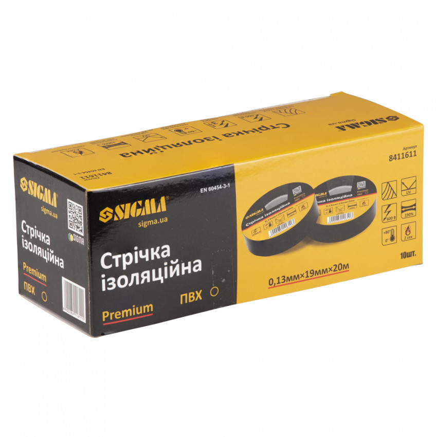 Ізолента ПВХ (чорна) 0,13 мм×19 мм×20 м Premium Sigma (8411611)-8411611