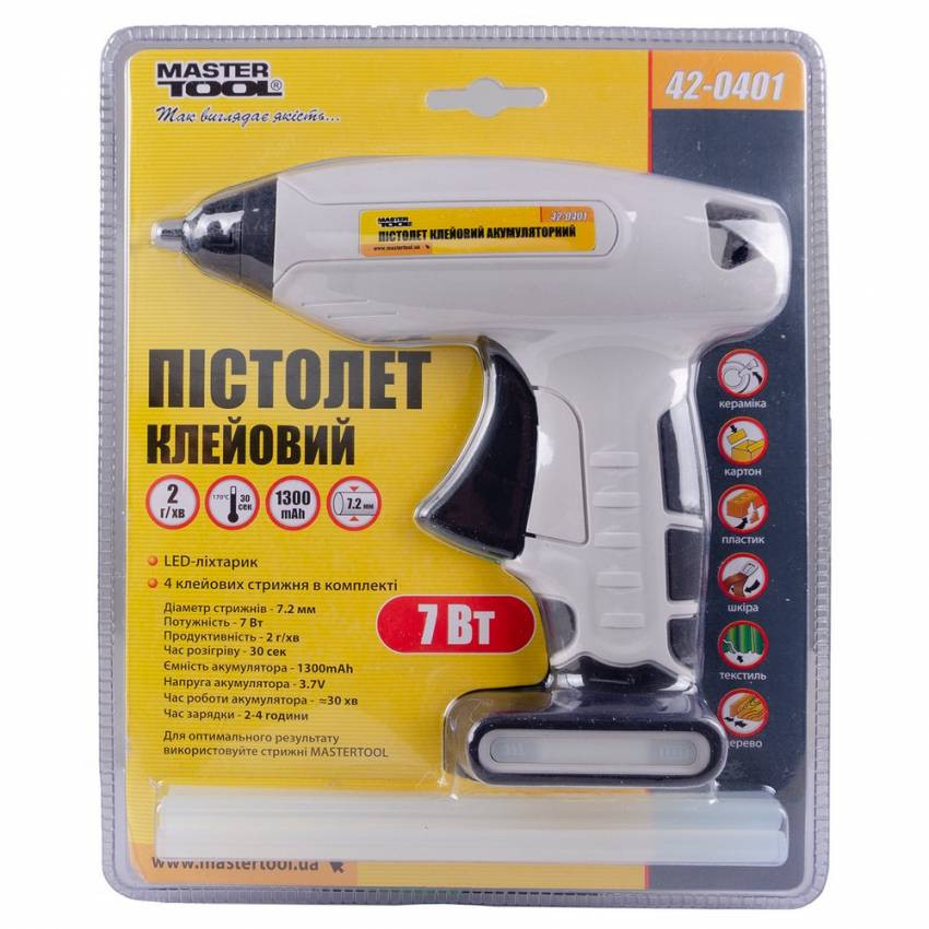 Пістолет клейовий MASTERTOOL акумуляторний Ø7.2 мм DC3.7V 1300mAh "Крапля-Стоп" 42-0401-42-0401