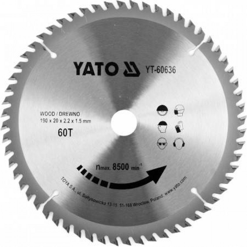Диск пильний переможний по дереву YATO: 190x20x2.2x1.5 мм, 60 зубців, RPM до 8500 1/хв-YT-60636