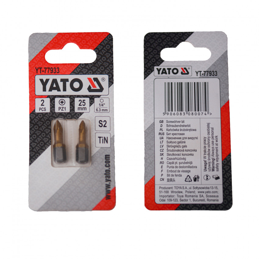 Насадка викруткова YATO PZ1 х 25 мм. HEX 1/4", покрита титаном, 2 шт.-YT-77933