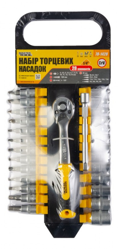 Набір насадок торцевих MASTERTOOL PROFI CrV 1/4" 4-14 мм подовжувач 100 мм тріскачка 72Т 28 шт 78-1428-78-1428