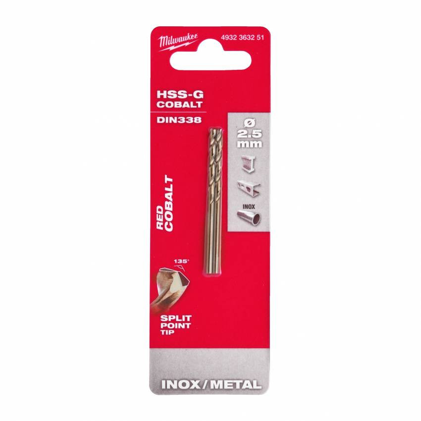 Свердло по металу HSS-Co MILWAUKEE DIN338, Ø2,5мм, (2шт)-4932363251