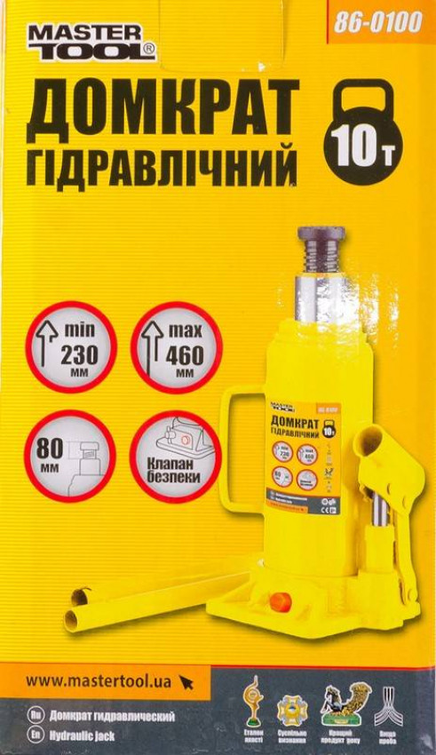 Домкрат гідравлічний пляшковий MASTERTOOL 10 т 230-460 мм 86-0100-86-0100