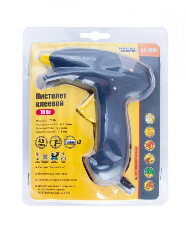 Пістолет клейовий MASTERTOOL Ø7.2 мм 70 Вт 4.5 г/хв "Крапля-Стоп" 42-0507-42-0507