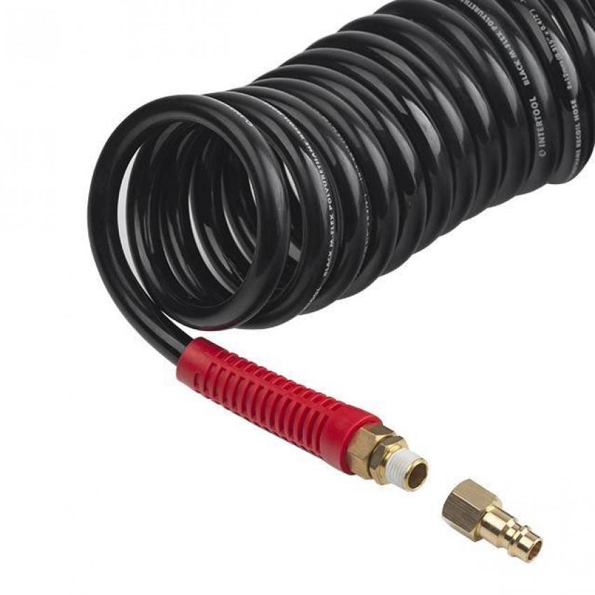Шланг BLACK M-Flex 8х12мм, 15м спіральний поліуретановий з поворотним шарніром, латунними швидкороз'ємними з'єднаннями STORM INTERTOOL PT-1797-PT-1797