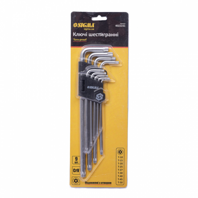 Ключі TORX 9шт T10-T50мм CrV (довгі з отвором) Sigma (4022231)-4022231