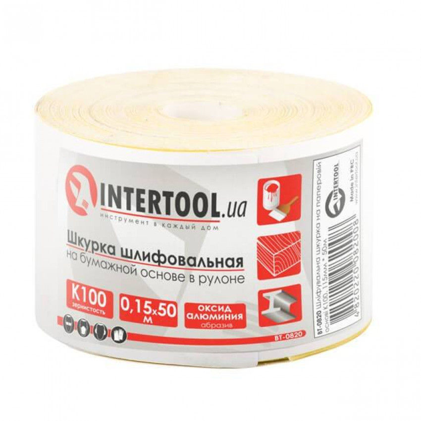 Шкурка шліфувальна, паперова основа, К100, 115 мм × 50 м INTERTOOL BT-0820-BT-0820