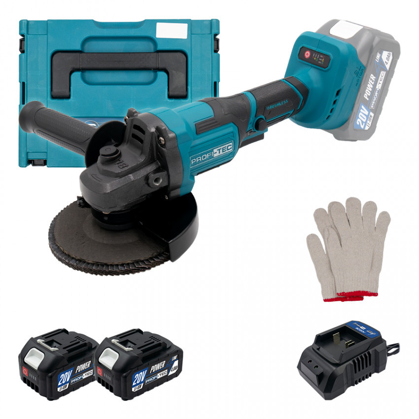 Акумуляторна кутова шліфмашина PROFI-TEC PGA202BL 20V,125мм,2хPT2040MP 4.0Аг,підшибник NSK, зар,кейс-PRT_006296